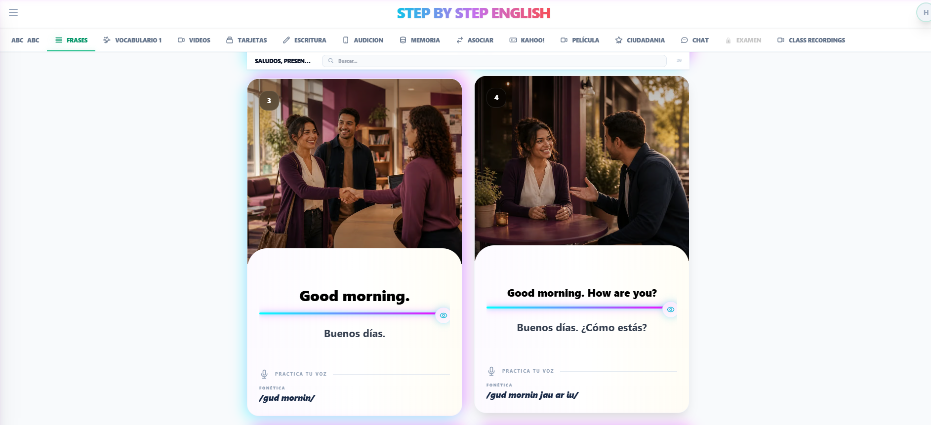 Vista real de las lecciones en la aplicación Step by Step English