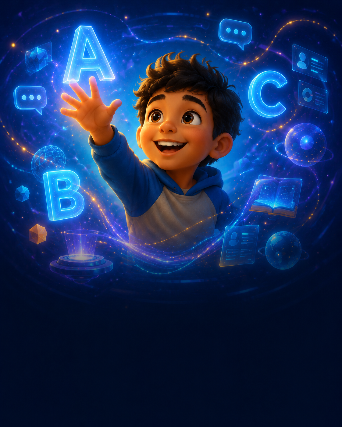 Niño explorando letras y herramientas de aprendizaje en un mundo 3D futurista